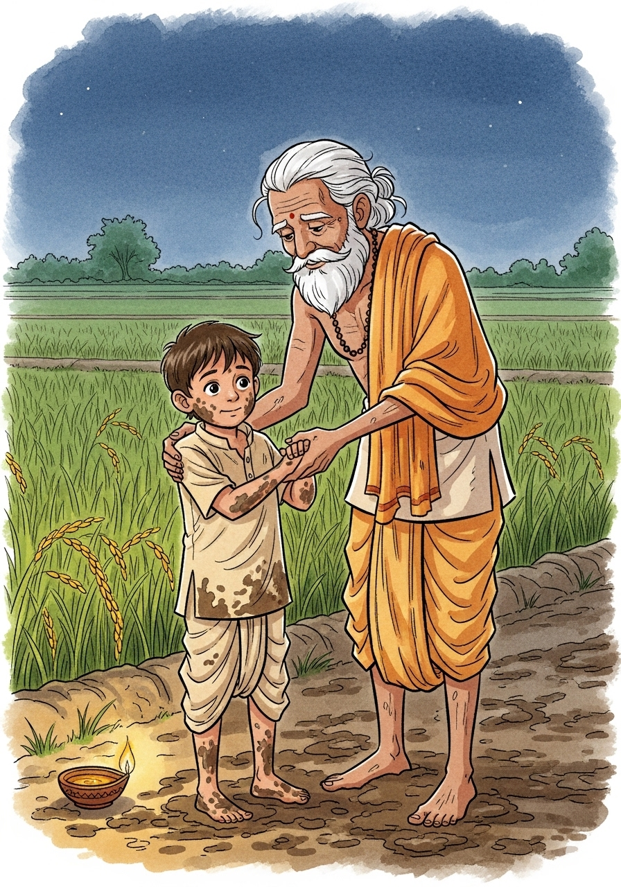 Aruni bravely blocking the canal breach with his own body as water stops flowing